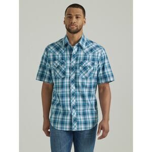 Wrangler Western Turquoise Plaid Retro Men's Pearl Snap Short Sleeve Shirt Large